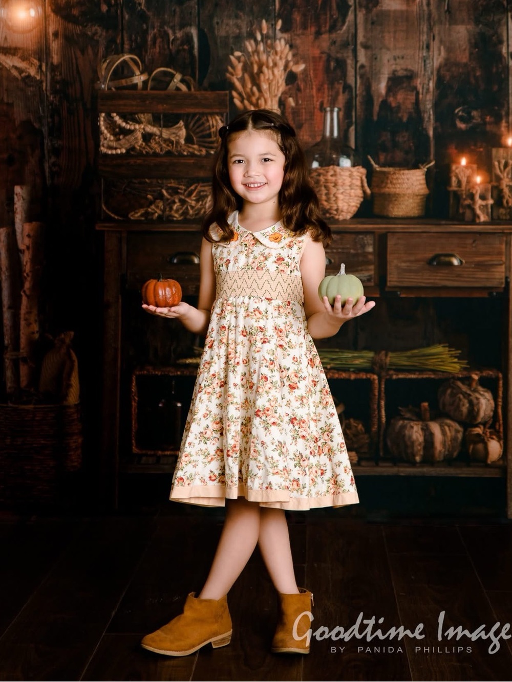 Autumn Fall Girls Cream Floral Dress with Peter Pan Collar